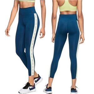 Nike Dri Fit Leggings Teal Striped White Neon Yellow Logo On Leg Size Large